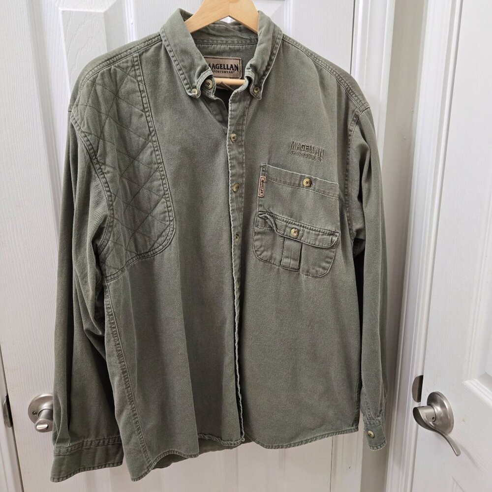 Magellan Button up shirt Quilted Mens Medium Olive Green Hunting Outdoor Cotton